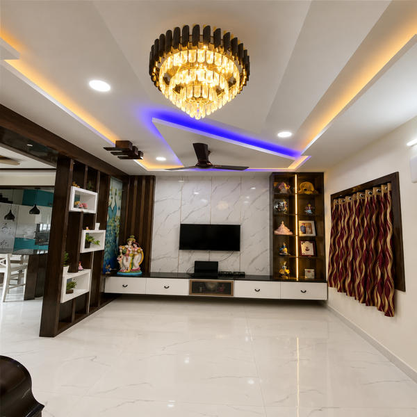 Modern living room, luxury interior, contemporary living room, elegant home, false ceiling, designer ceiling, crystal chandelier, decorative lighting, LED lighting, blue ambient lighting, recessed lights, ceiling fan, marble wall, marble texture, television unit, wall mounted TV, entertainment center, modern TV cabinet, floating cabinets, display shelves, wooden paneling, dark wood accents, decorative shelves, home decor, living room furniture, glossy flooring, white marble floor, spacious interior, open plan, apartment interior, luxury apartment, contemporary architecture, interior design, premium interiors, stylish home, sophisticated decor, accent wall, decorative panels, display cabinet, collectibles, figurines, indoor plants, window curtains, patterned curtains, warm lighting, ambient illumination, modern furnishings, clean interior, bright room, upscale living, residential design, elegant lighting.